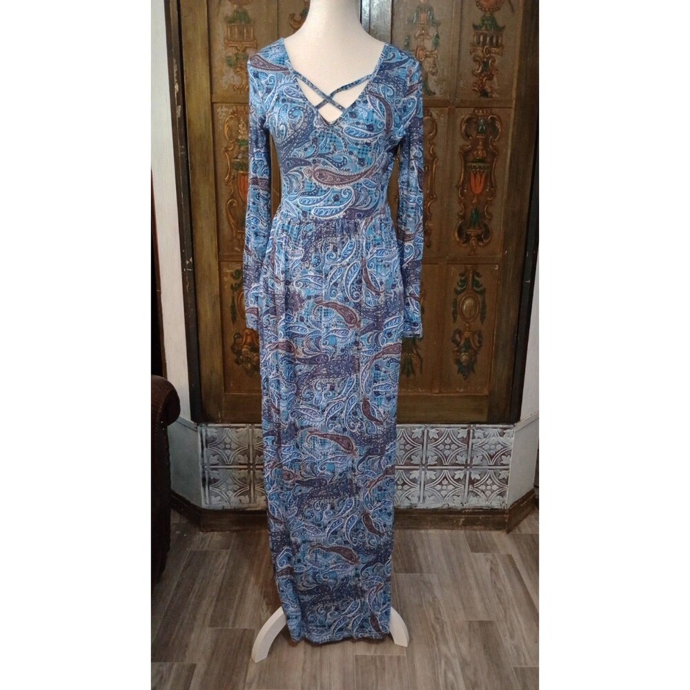 Lubetter Women's Blue Paisley Maxi Maternity Dress S V-Neck Long Sleeve Stretch